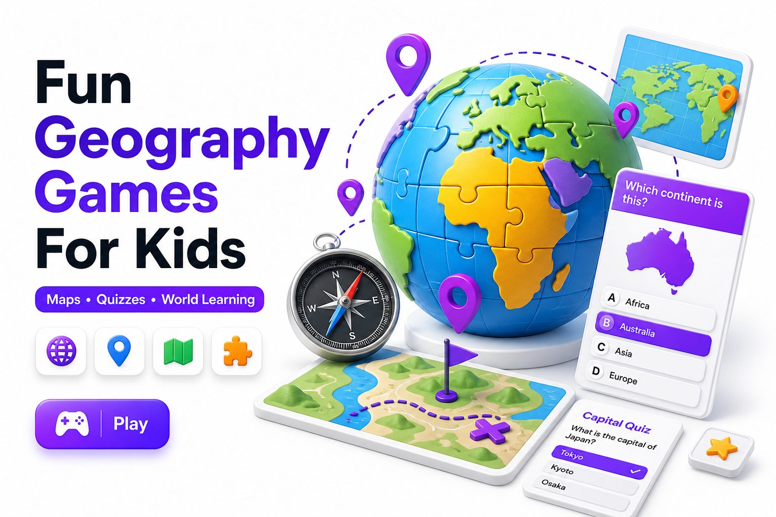 Kids playing a colorful geography game with maps, flags, and landmark cards